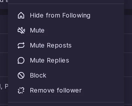 Part of Bob's profile menu: Hide from Following, Mute, Mute Reposts, then the new Mute Replies, Block and Remove follower.