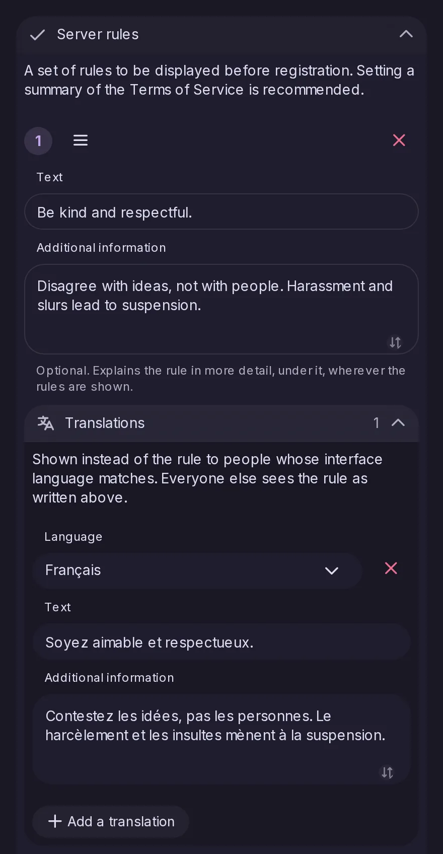The first server rule in the Control Panel, Be kind and respectful, with its Additional information and a French translation of both under Translations.