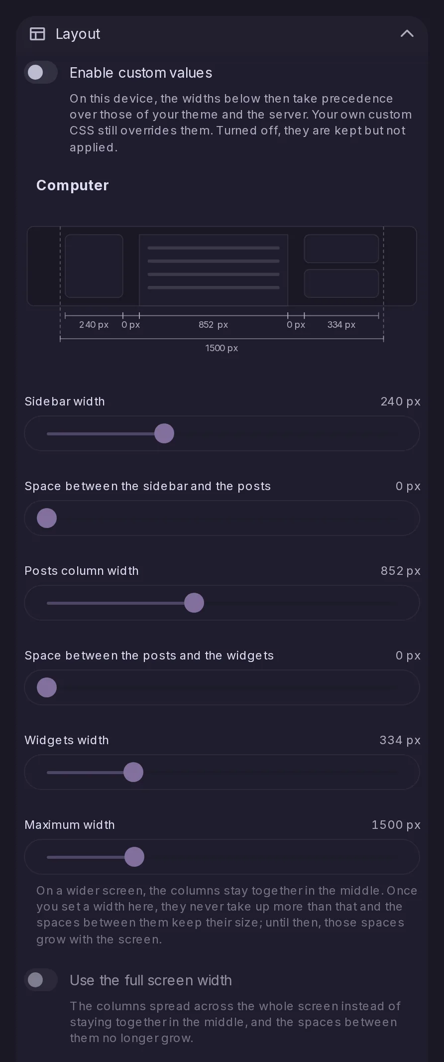 The Layout section of Appearance: a diagram of the columns above sliders for the widths of the sidebar, the posts column and the widgets.