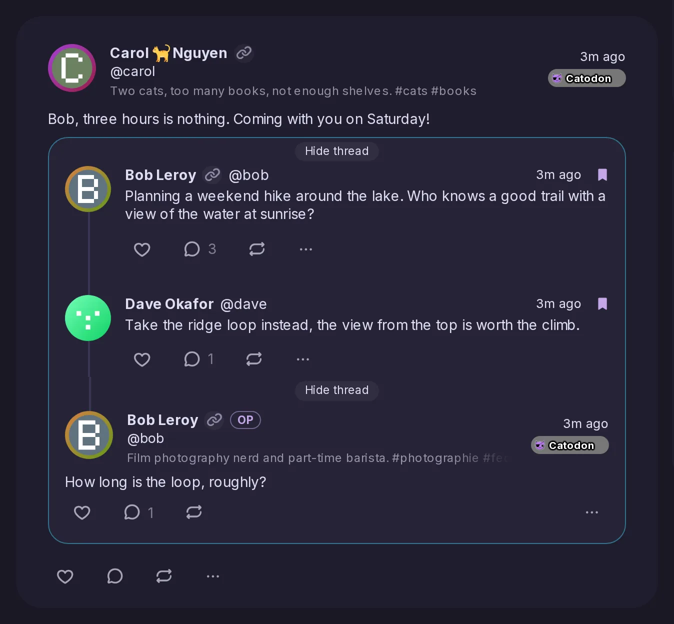 Carol's post quoting Bob's reply, with the thread unfolded inside the quote: Bob's first post, Dave's reply and Bob's question, joined by a line, and a Hide thread button.