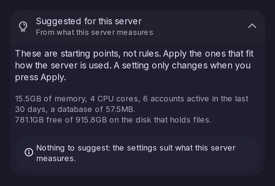 The Suggested for this server section at the top of the Control Panel performance page: what it read of the machine, its accounts, its database and its disk, and here nothing to suggest.