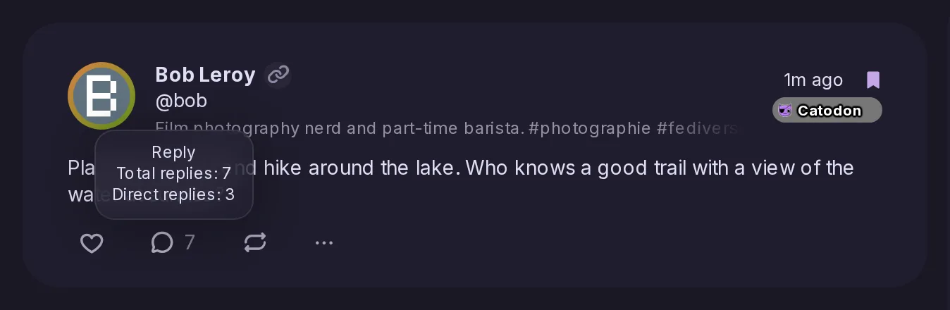Bob's post in a timeline, its reply button reading 7, with a tooltip spelling out Total replies: 7 and Direct replies: 3.