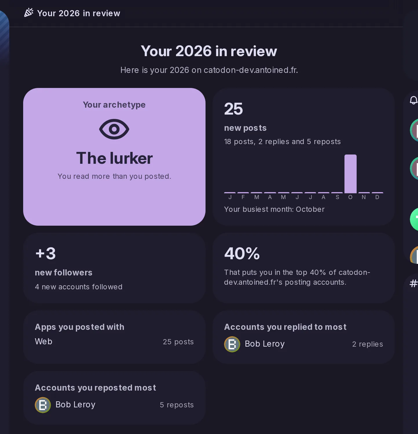 Alice's 2026 in review: her archetype, The lurker, her posts month by month, her new followers, the share of the server's posting accounts she outposted, the app she posted with and the accounts she replied to and reposted most.