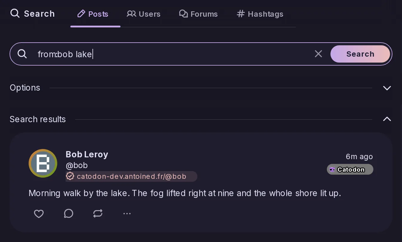 The search page with its Posts, Users, Forums and Hashtags tabs, the query from:bob lake typed in the field, and the matching post by Bob about a morning walk by the lake.