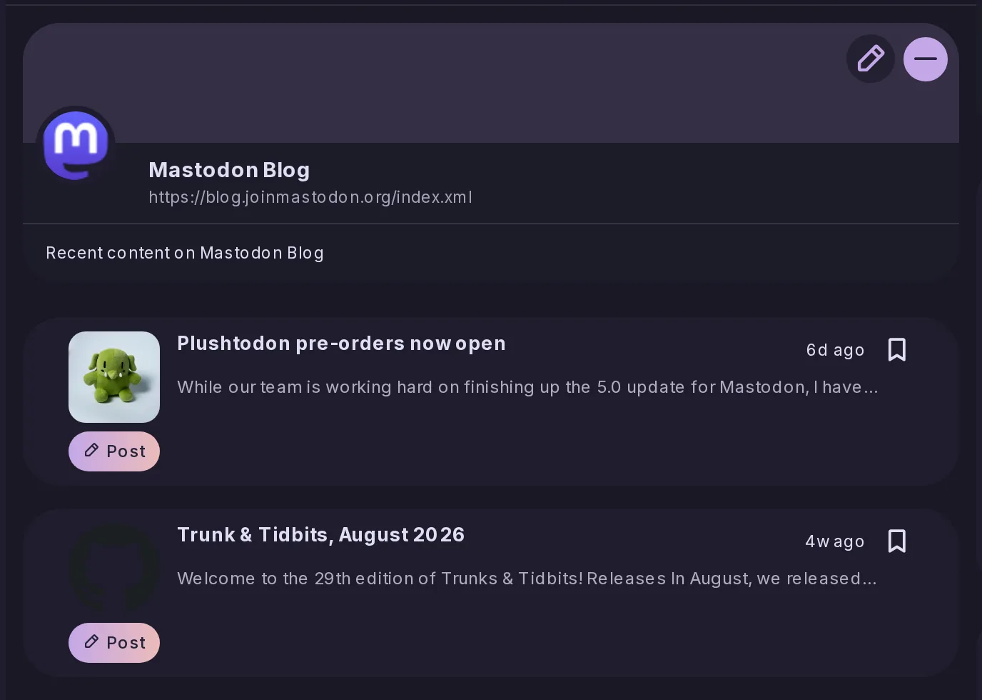The Mastodon Blog RSS feed read as a timeline: the feed card with its address, then its latest articles with their picture, summary, a Post button and a bookmark.