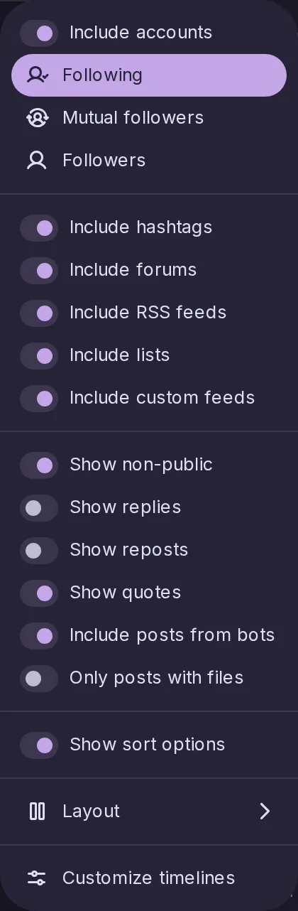 The options of the Streams timeline, which grew out of the Accounts timeline: accounts you follow, your mutual followers or your followers, and switches for hashtags, forums, RSS feeds, lists, custom feeds, replies and reposts.