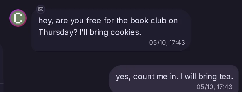 A conversation in Messages shown as chat bubbles: Carol asks about the book club on Thursday, and the reply on the right says count me in.