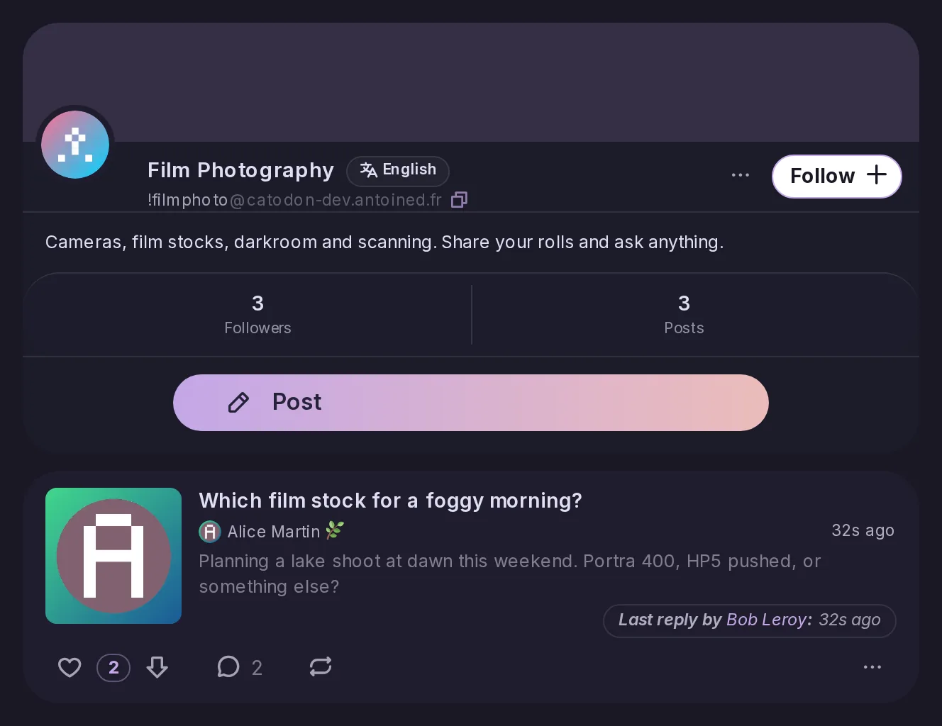The page of the Film Photography forum: its card with language, address, description, followers and posts, a Follow button and a Post button, then its first topic.