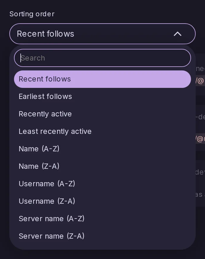 The Sort select of a following list open, with sorting by server name from A to Z and from Z to A among the choices.