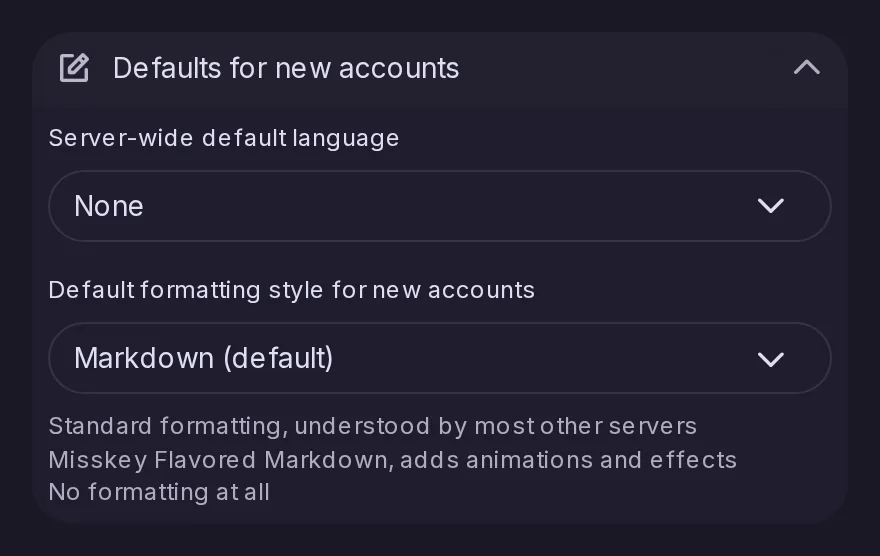 The Defaults for new accounts section of the Control Panel, with the default language and the default formatting style of the server.