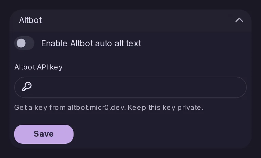 The Altbot section of the Control Panel integrations, where an admin turns on automatic image descriptions and enters the Altbot key.