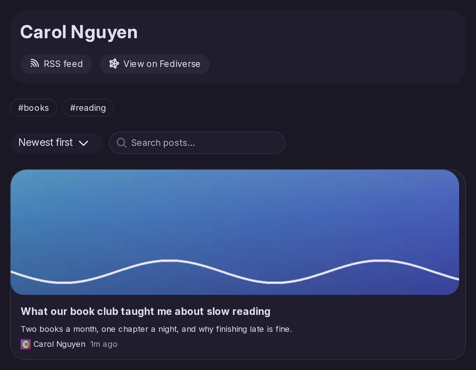 Carol Nguyen's blog: its RSS feed and View on Fediverse links, the tags books and reading, a sort and a search field, and the card of the post What our book club taught me about slow reading.
