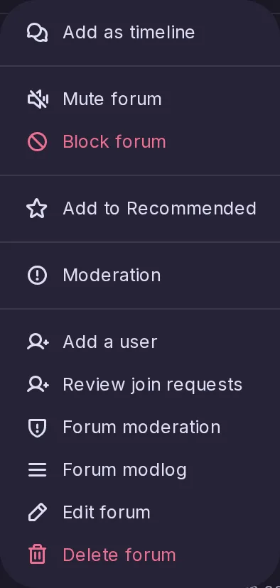 The menu of a forum as seen by its moderator, with Add a user among the moderation entries.