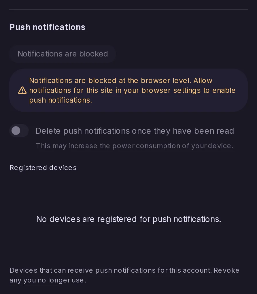 The Push notifications part of the notification settings, ending with Registered devices: the list of devices that can receive push notifications for the account, empty in this browser, so that unused ones can be revoked.