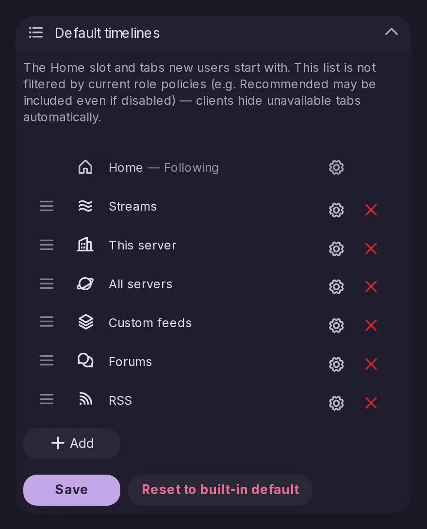 The Default timelines section of the Control Panel, where an admin sets the Home slot and the timeline tabs that new accounts get.