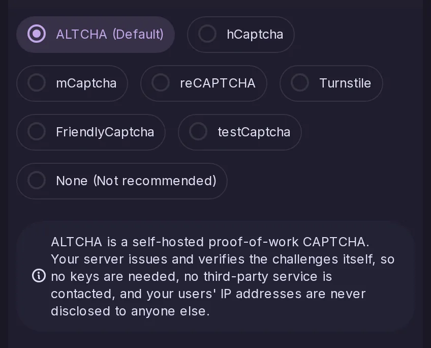 The bot protection choices of the Control Panel with ALTCHA, the default, selected among hCaptcha, mCaptcha and the others, a note that ALTCHA runs on the server itself without keys or third parties.
