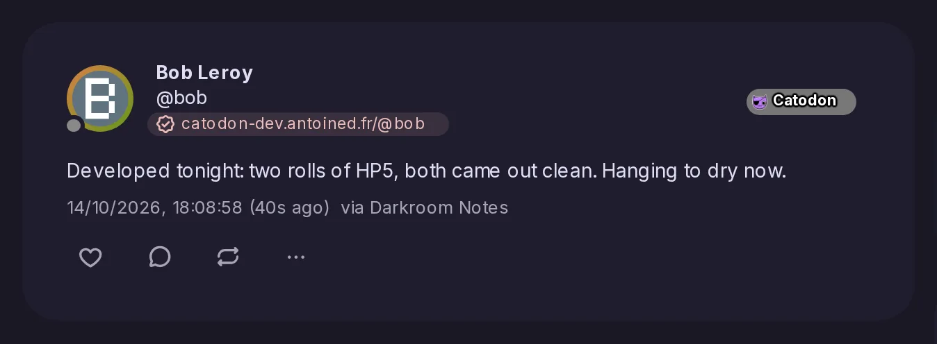A post by Bob seen on its own page, with via Darkroom Notes after its date: the app it was posted from.