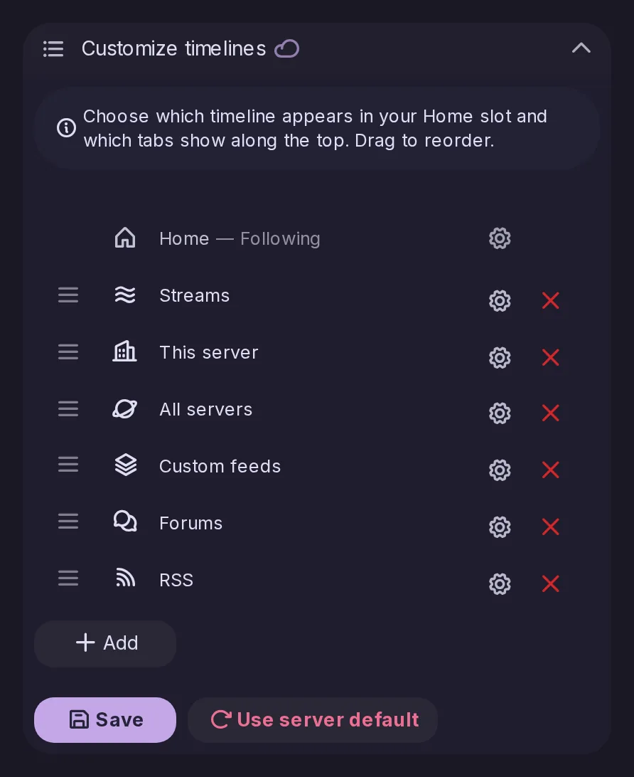 The Customize timelines section of the settings: the timeline in the Home slot and the tabs beside it, which can be reordered, configured or removed, with a button to add more.
