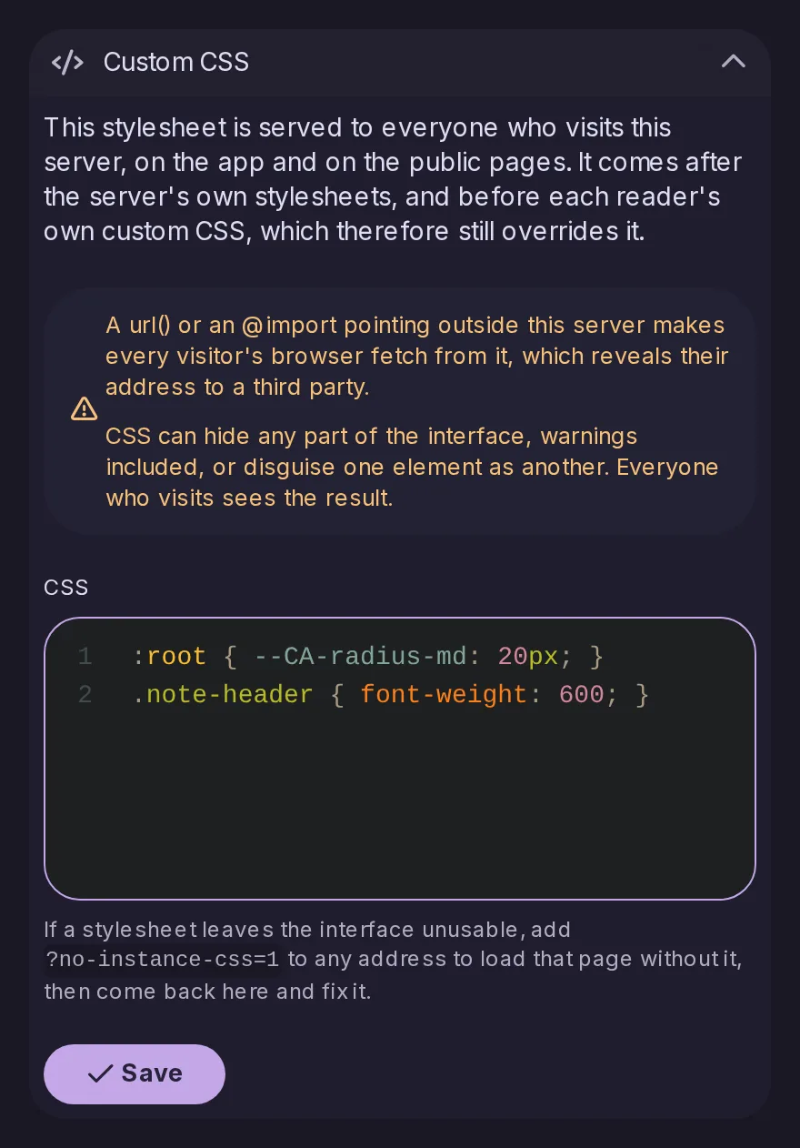 The Custom CSS section of the Control Panel branding, with a code editor for CSS applied to the whole server.