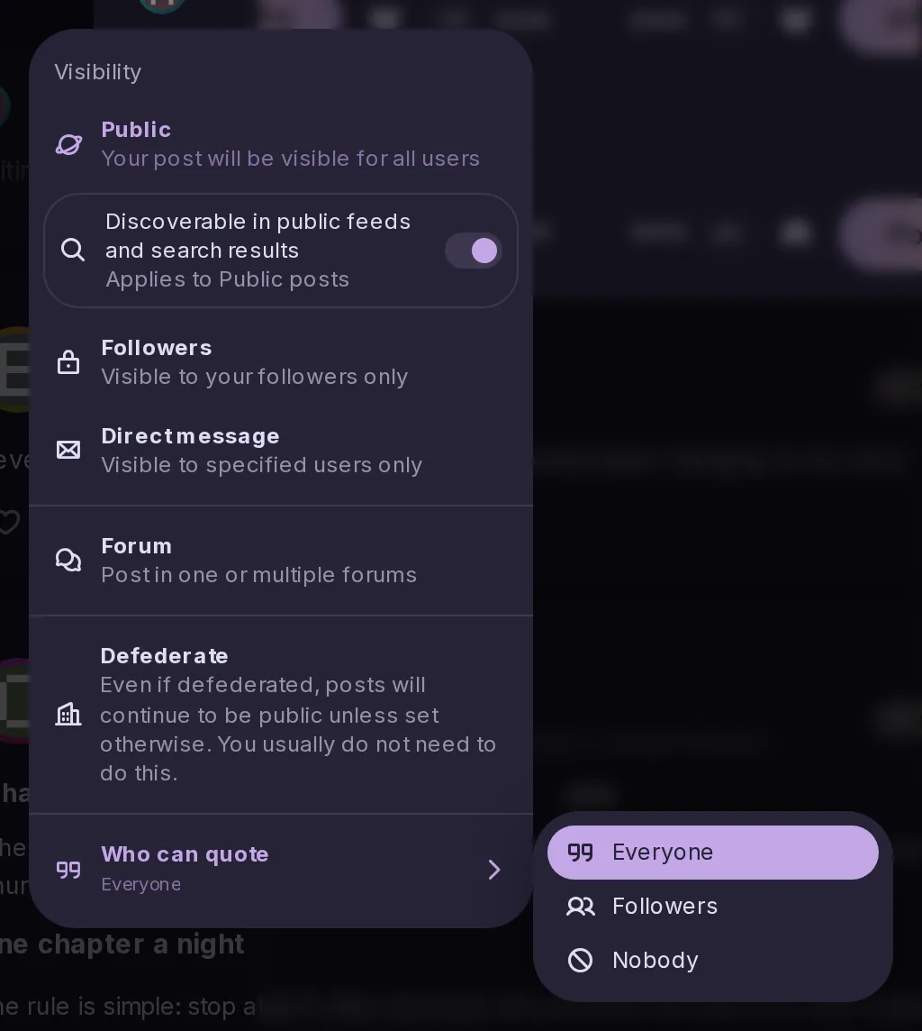 The visibility menu of the post form, ending with Who can quote, and its submenu open on the choices of who may quote the post.
