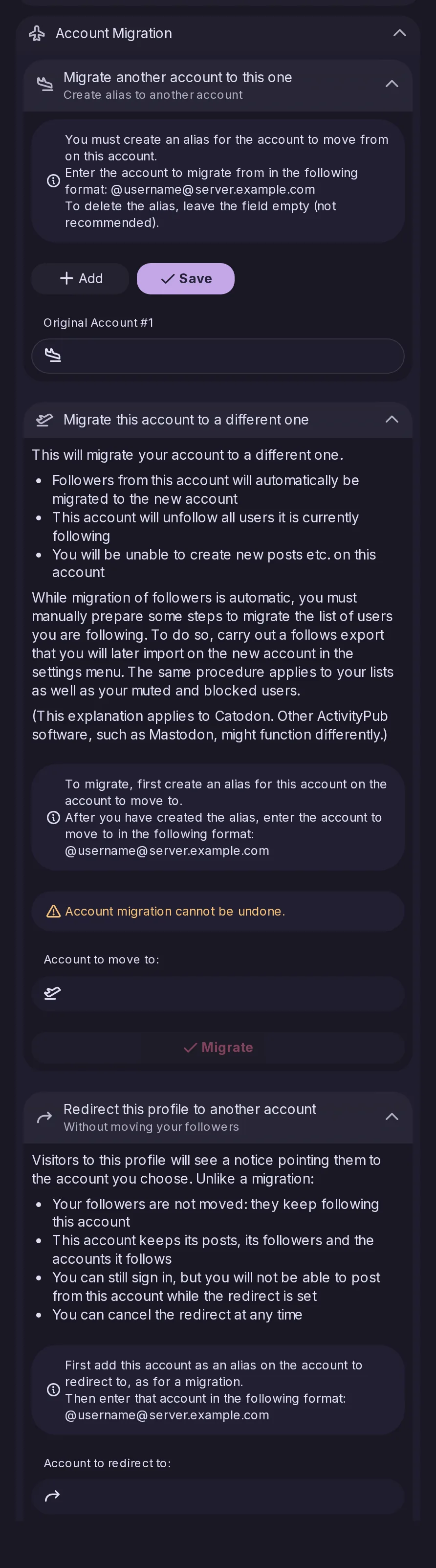 La sección Account Migration de los ajustes de la cuenta: mover los seguidores de esta cuenta a una cuenta nueva en otro servidor, tras indicar esta como su alias allí.