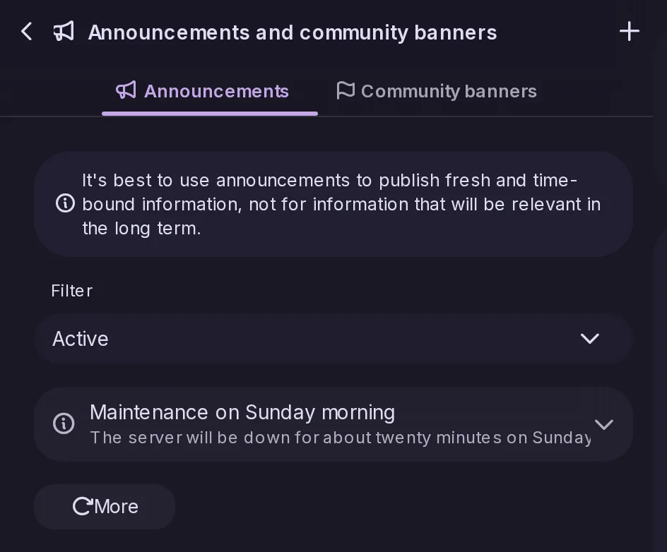 The announcements page of the Control Panel, to post a notice to every user, as a banner or a dialog, optionally by email.