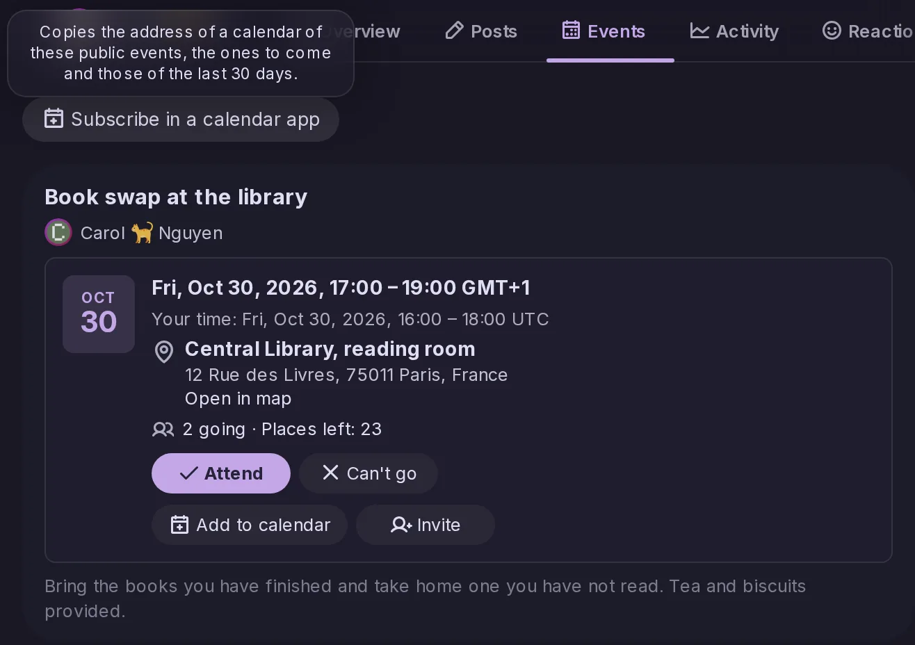 The Events tab of Carol's profile, with a Subscribe in a calendar app button above her events; its tooltip says it copies the address of a calendar of these public events.