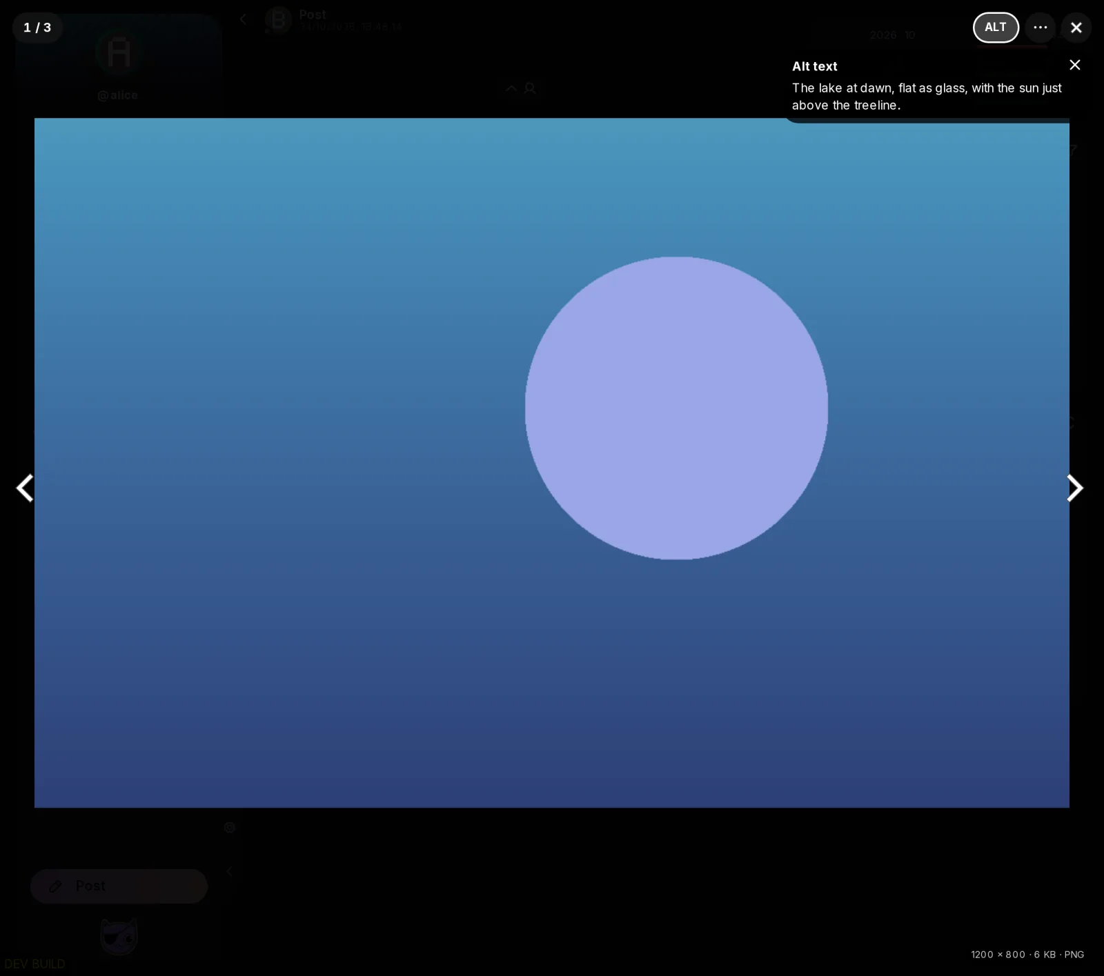 The media viewer open on the first picture, its toolbar at the top with ALT, the magnifier and the menu, the description unfolded under ALT, a 1 / 3 counter, and the file size, weight and format at the bottom.