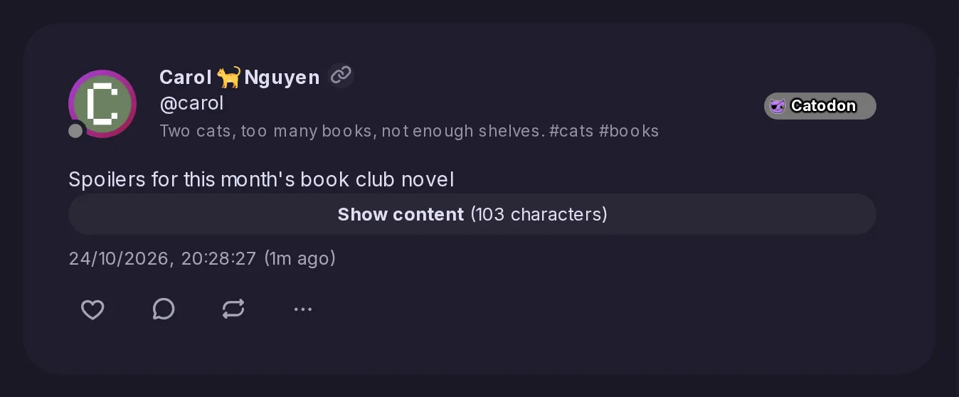 Carol's post hidden behind its content warning, Spoilers for this month's book club novel, with a button to show the text.