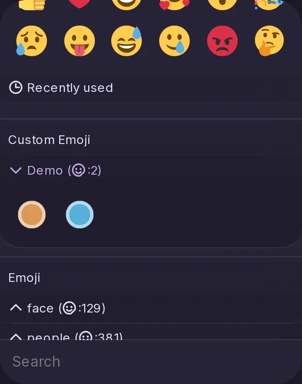 The emoji picker opened from the post form: recently used emoji, then the server's own custom emoji, a film roll and a lake wave in the Demo category, before the standard ones.