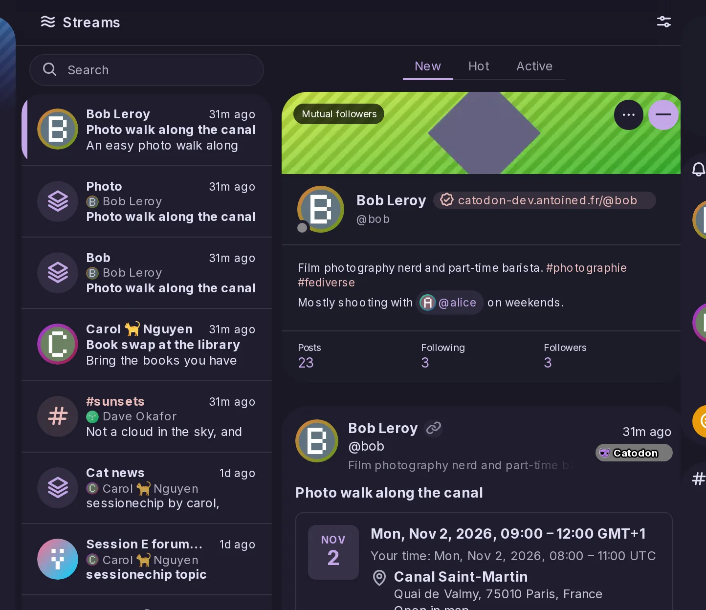 The Streams timeline: a list mixing what Alice follows, each row with its newest post, Bob, the custom feeds Photo and Bob, Carol, the followed hashtag #sunsets and a forum, beside the selected row's posts.
