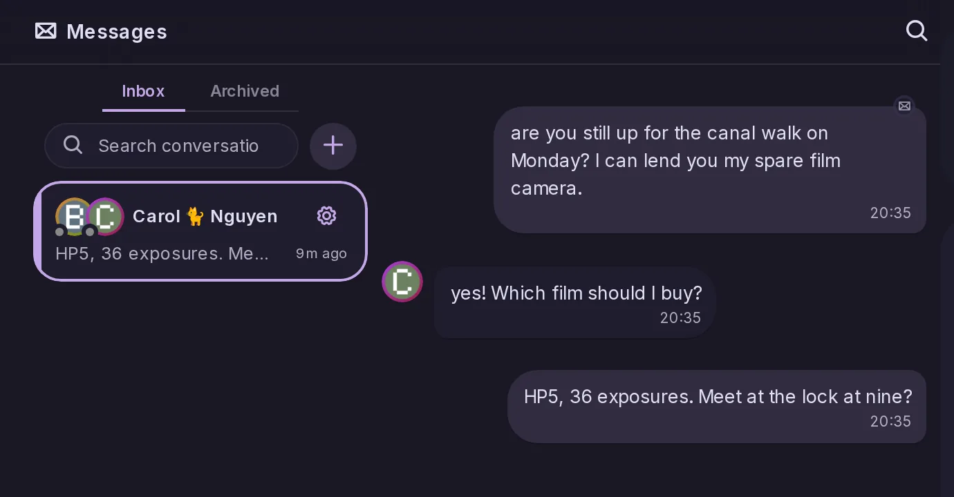 The Messages page of Bob: an inbox of conversations with a search field, Inbox and Archived tabs, and his conversation with Carol as message bubbles.