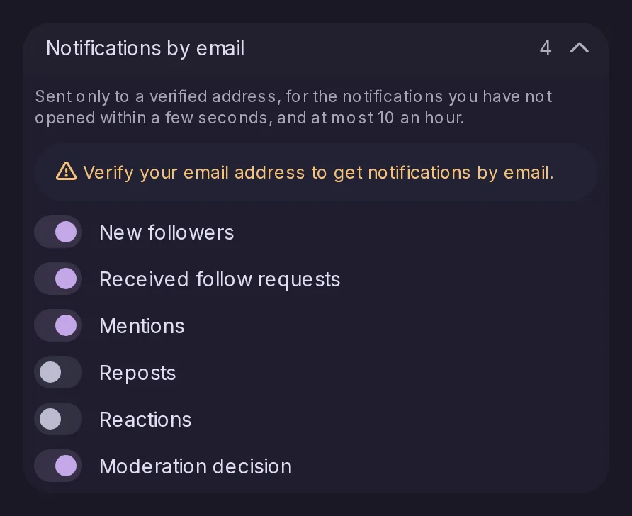 The Notifications by email switches: new followers, follow requests and mentions on, reposts and reactions off, and moderation decisions on, with a reminder that emails go only to a verified address.