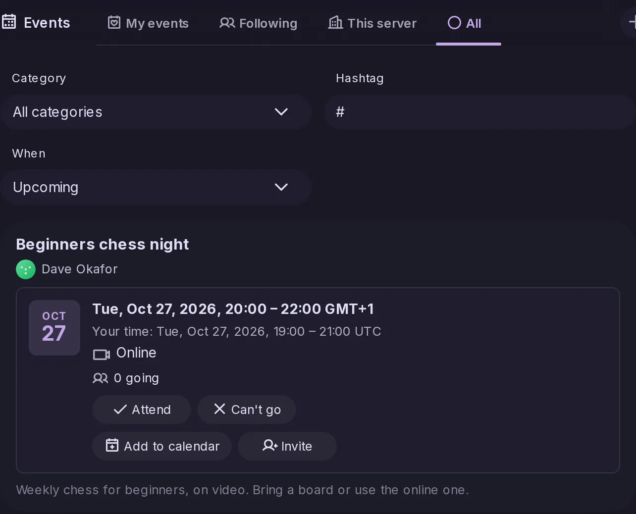The Events page: tabs for My events, Following, This server and All, filters by category, hashtag and Upcoming or Past, and the first event to come, Beginners chess night, online.