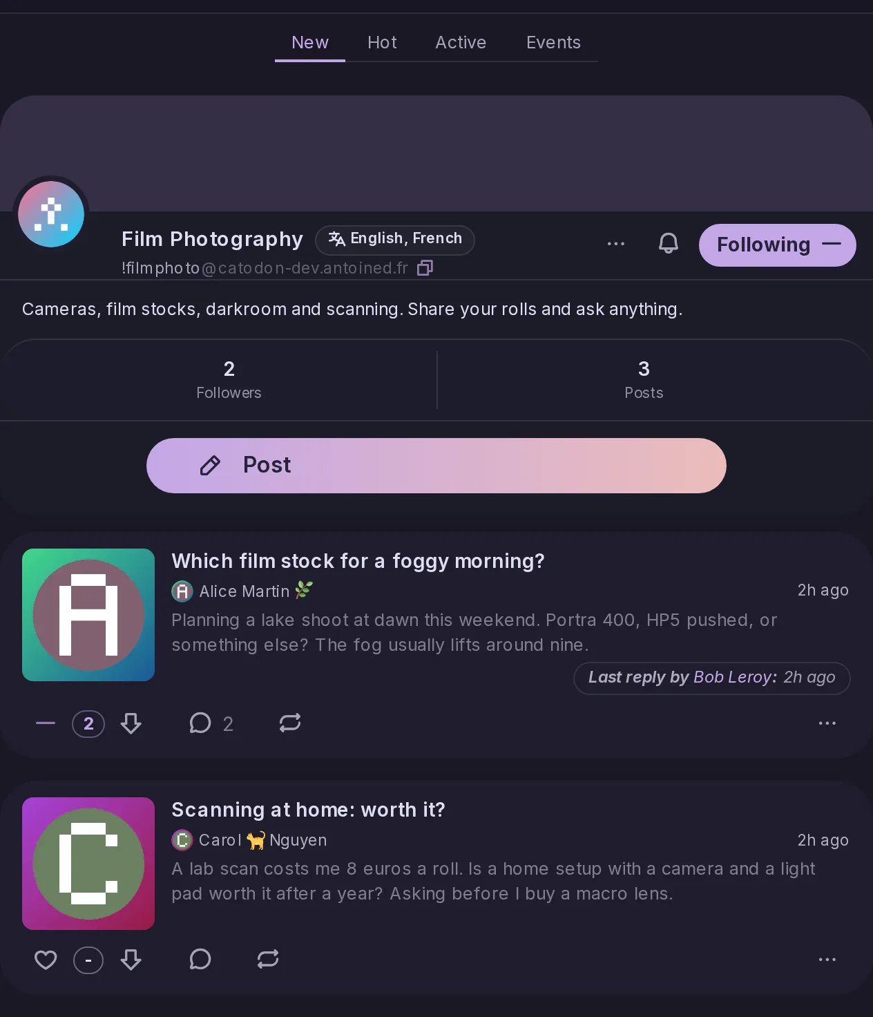 The topics of the Film Photography forum sorted by New, with Hot and Active beside it, each topic with its upvote count and a downvote button.