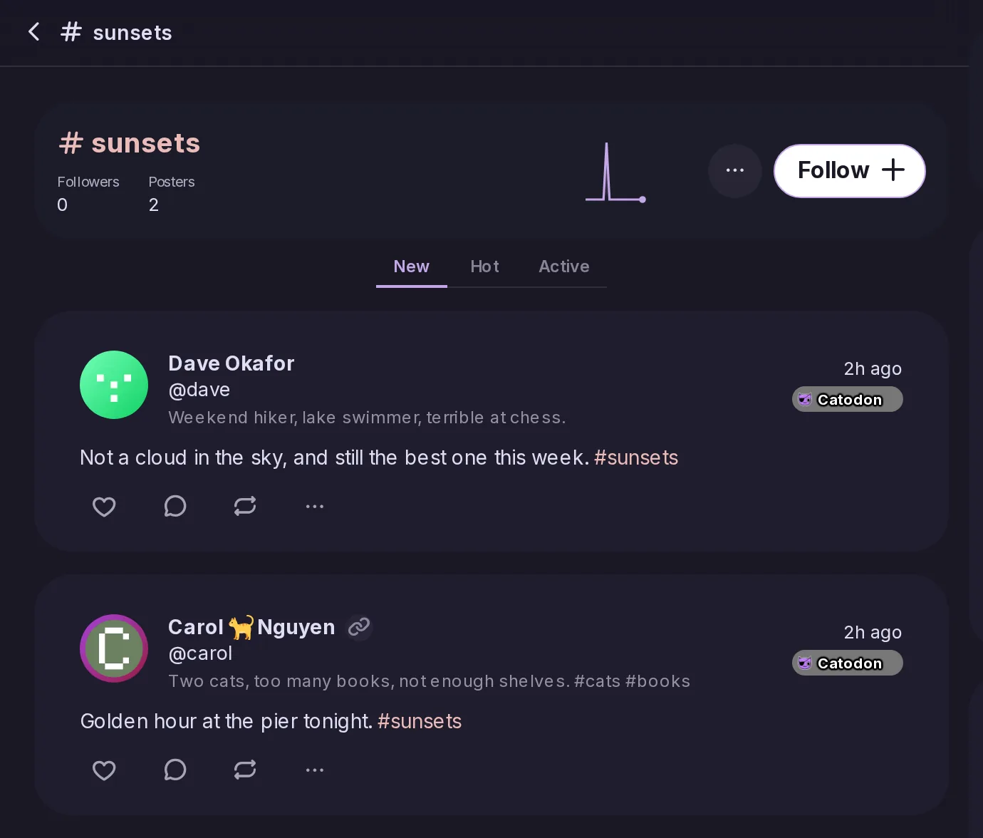 The page of the hashtag #sunsets, with its followers and posters, a Follow button, and its posts below.