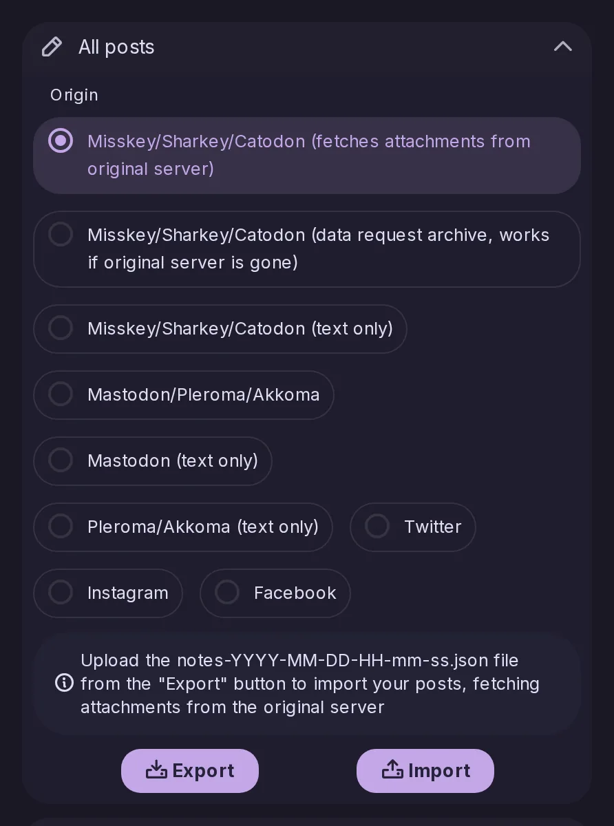 La sección All posts de los ajustes de datos: exportar sus publicaciones, o importarlas desde un archivo de Mastodon, Misskey, Pleroma o Akkoma.