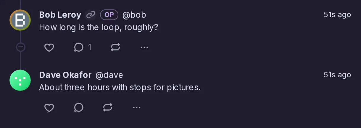 Respuestas bajo la publicación de Bob sobre una excursión: las propias respuestas de Bob llevan una pequeña marca OP junto a su nombre.