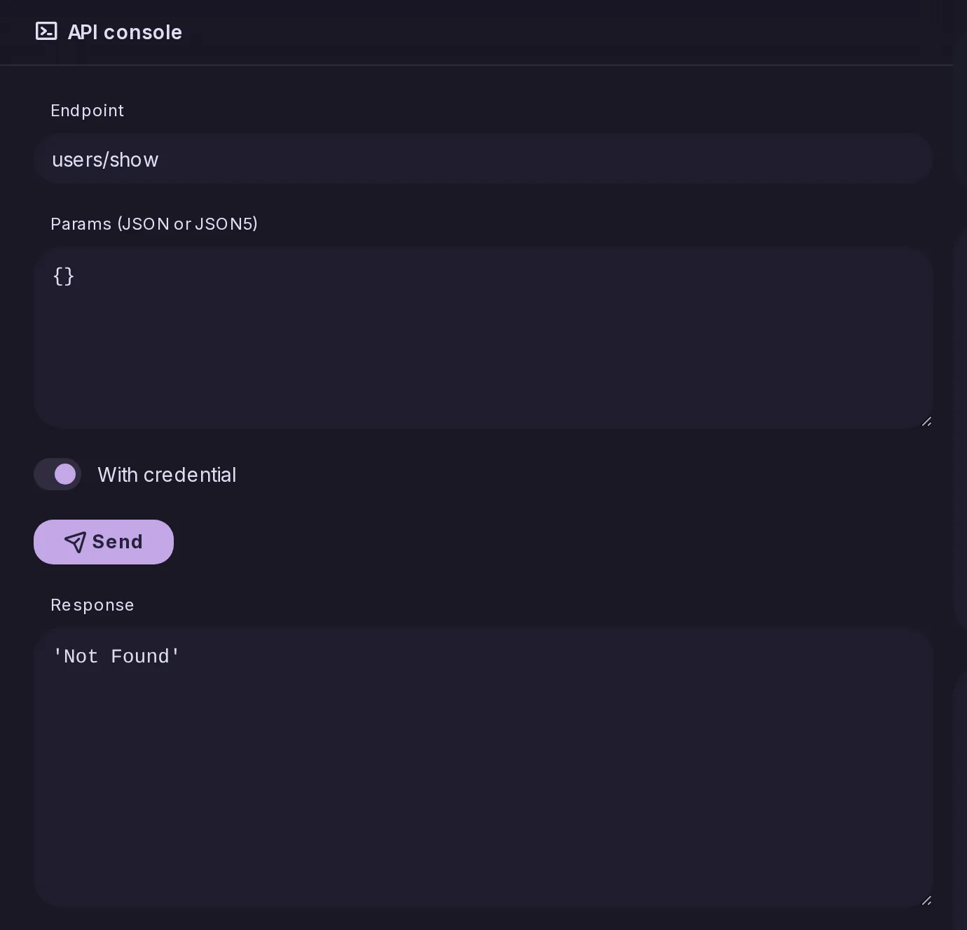 The API console: the users/show endpoint called with a username, and the JSON the server answered.