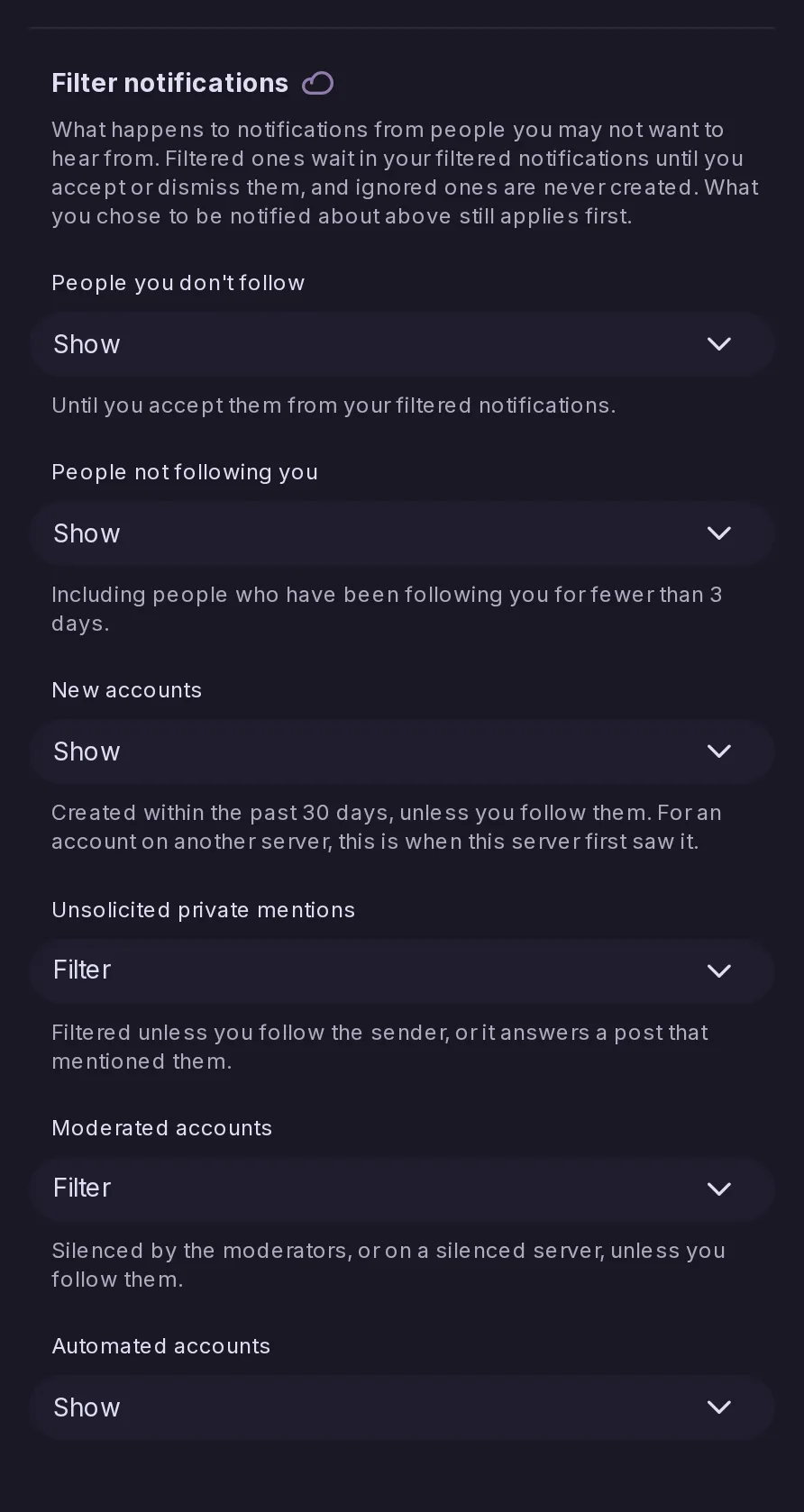 The Filter notifications rules of the notification settings, each set to show, filter or ignore.