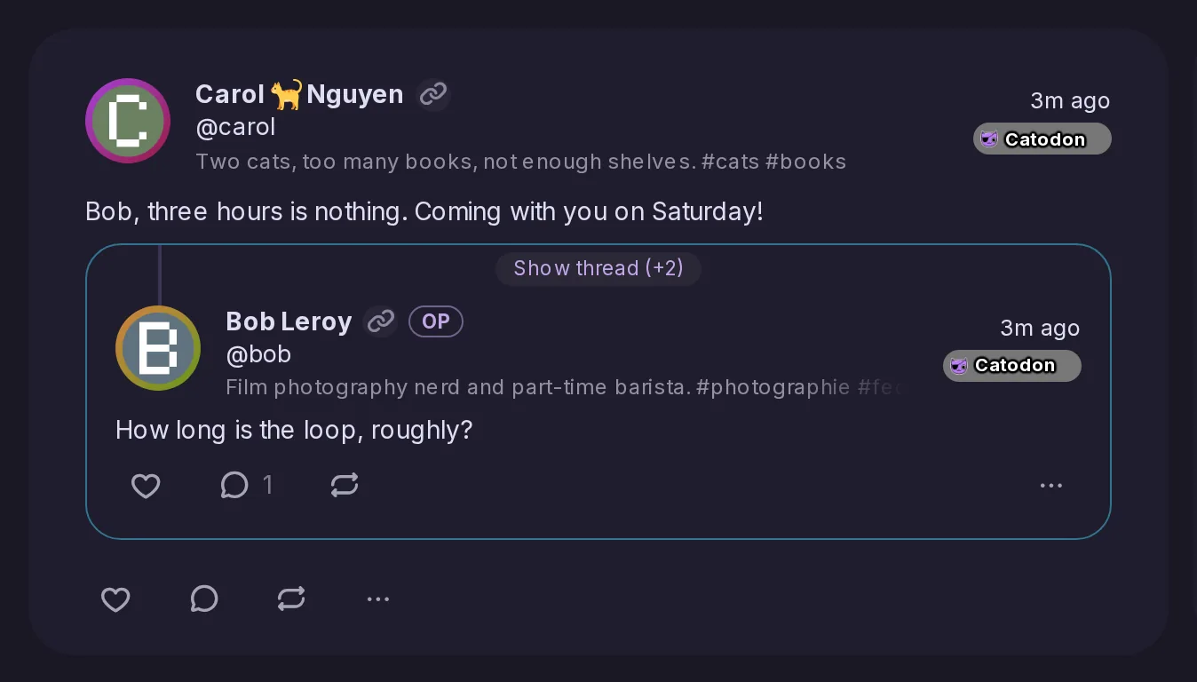 Carol's post quoting Bob's reply; under the quoted reply are its own reply, repost, like and menu buttons, and a Show thread button above it.