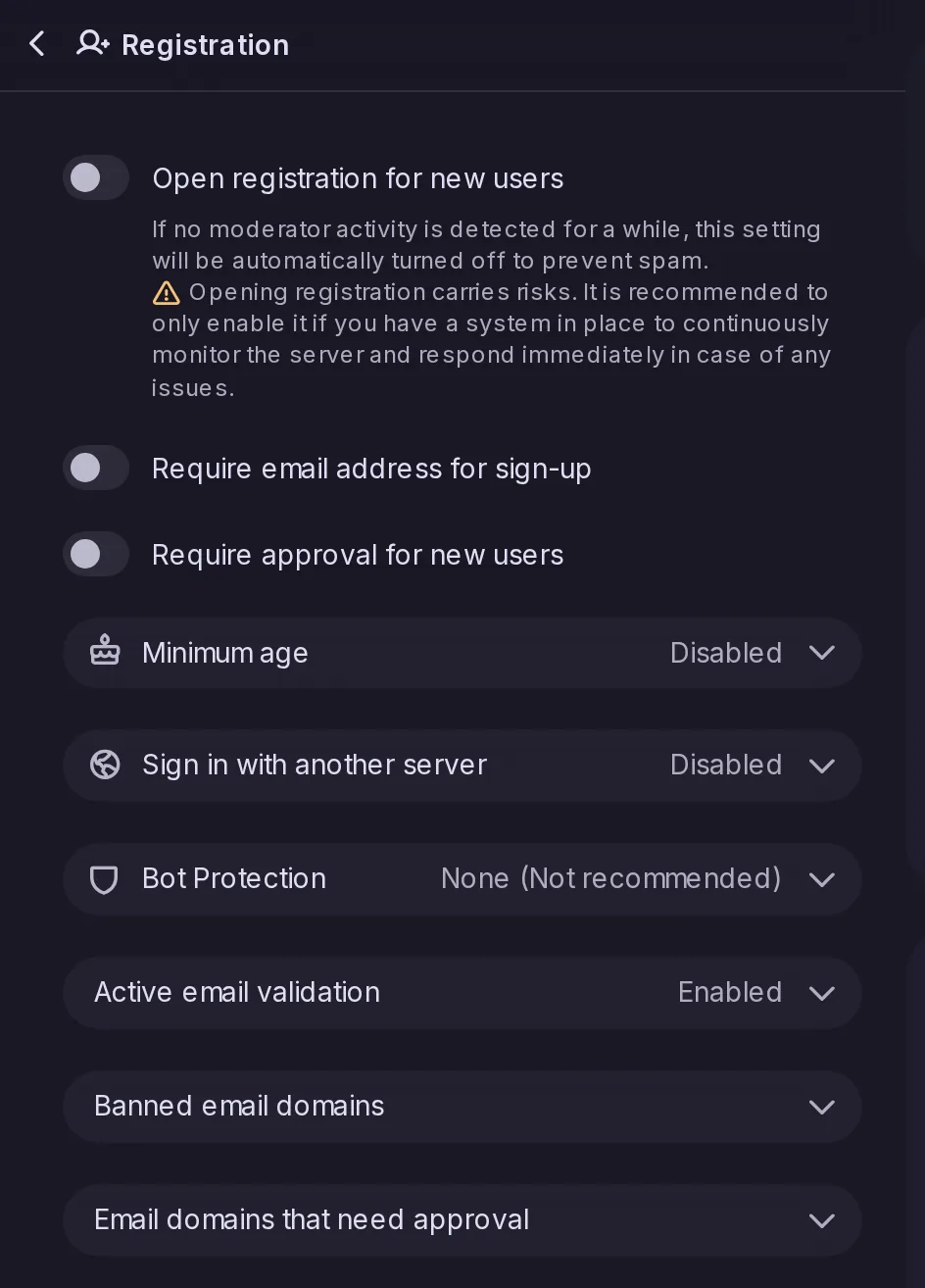 The Registration page of the Control Panel: open, invite-only or closed sign-ups, approval, minimum age and bot protection.