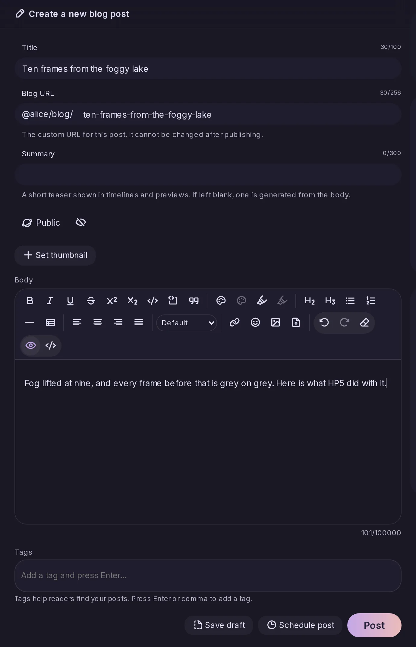 The blog post editor: title, summary, a header picture and a visual editor with its formatting toolbar.