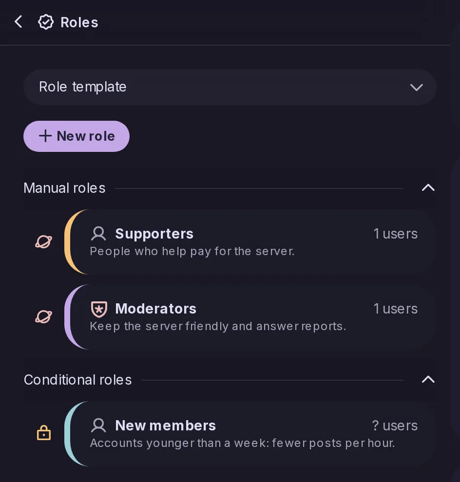 The Roles page of the Control Panel: the base role and the roles of the server, each with its color and members.