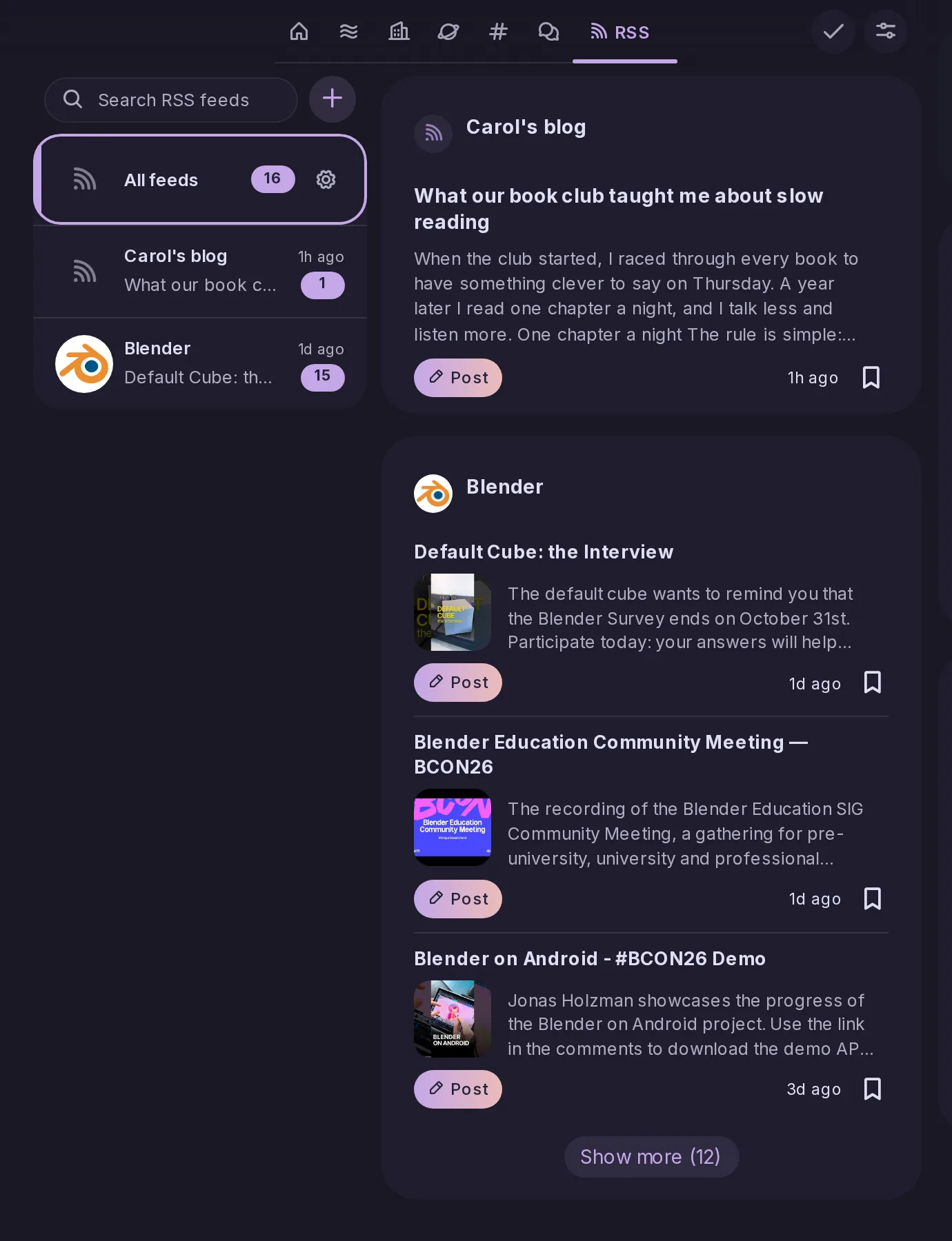 The RSS timeline: the feeds Alice follows, Carol's blog and the Blender news, listed with their unread counts, and their latest articles read beside them with title, picture, summary and a button to post about each.