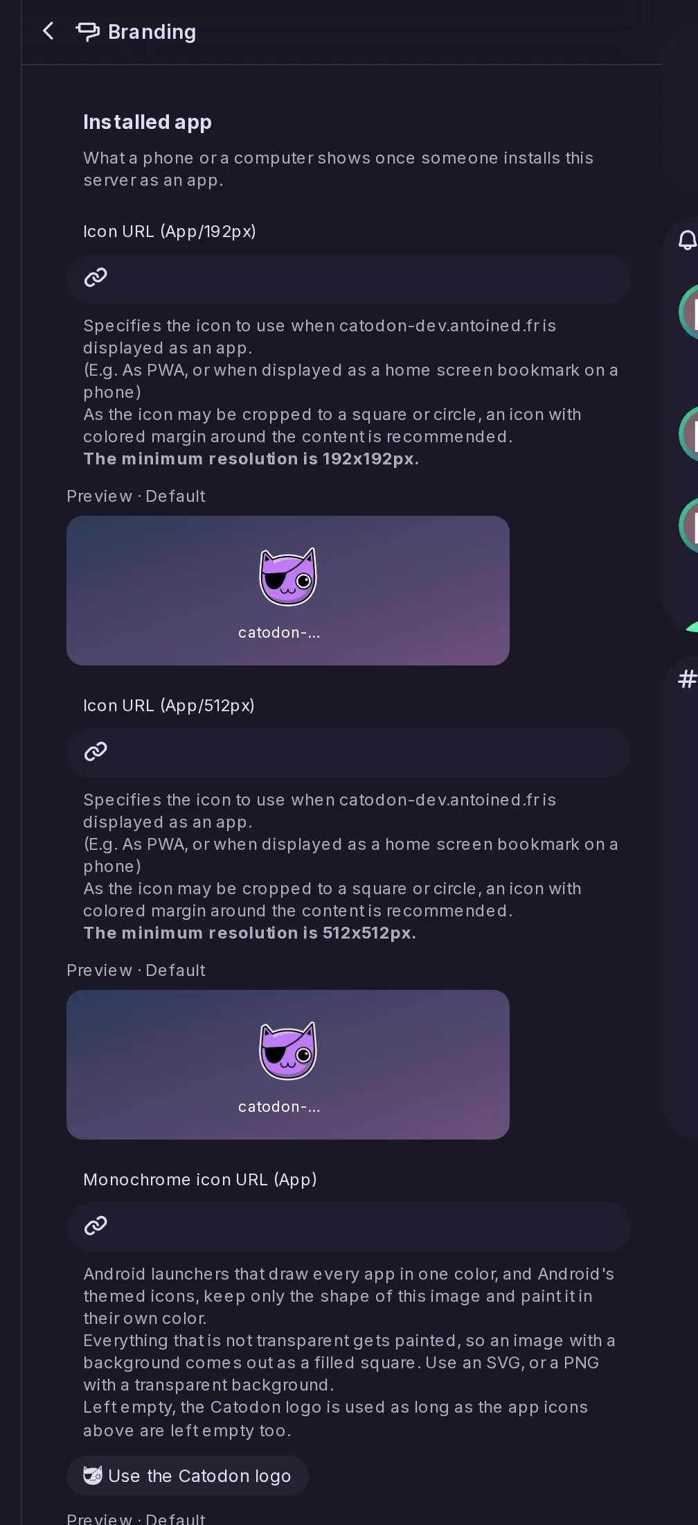 The Branding page of the Control Panel: the server's name, icons, theme colors and default themes, grouped by where they appear.