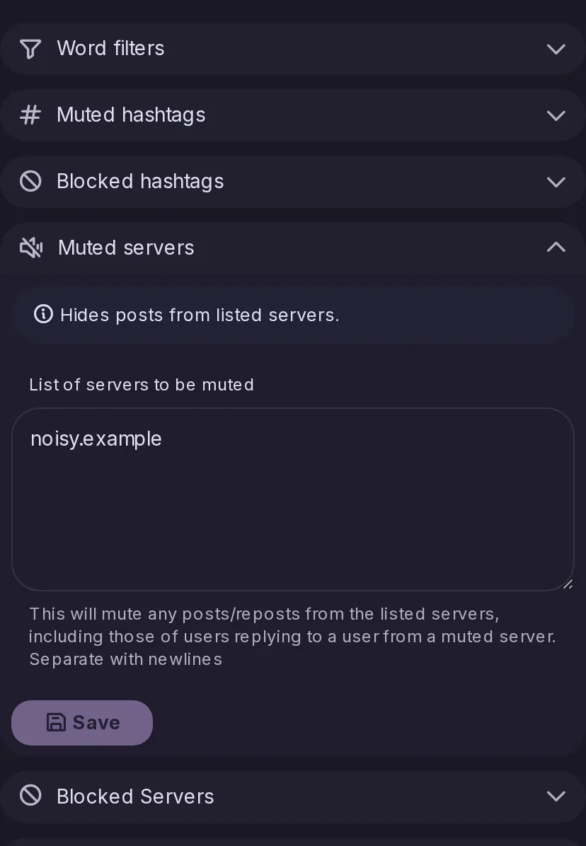 Los ajustes Mutes and Blocks, con las pestañas de cuentas silenciadas y bloqueadas, filtros de palabras y servidores.