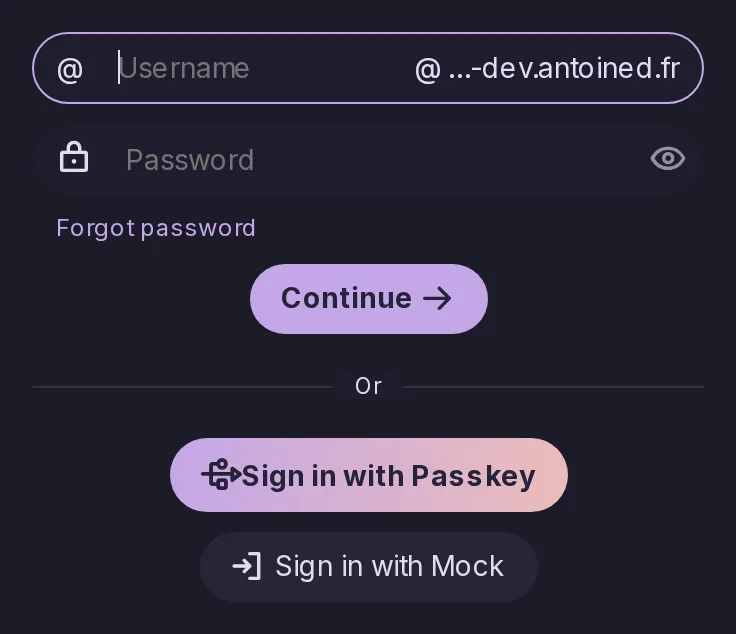 The sign-in form with a Sign in with button for the identity provider the server is connected to, here a test provider named Mock, under the password and passkey ways in.