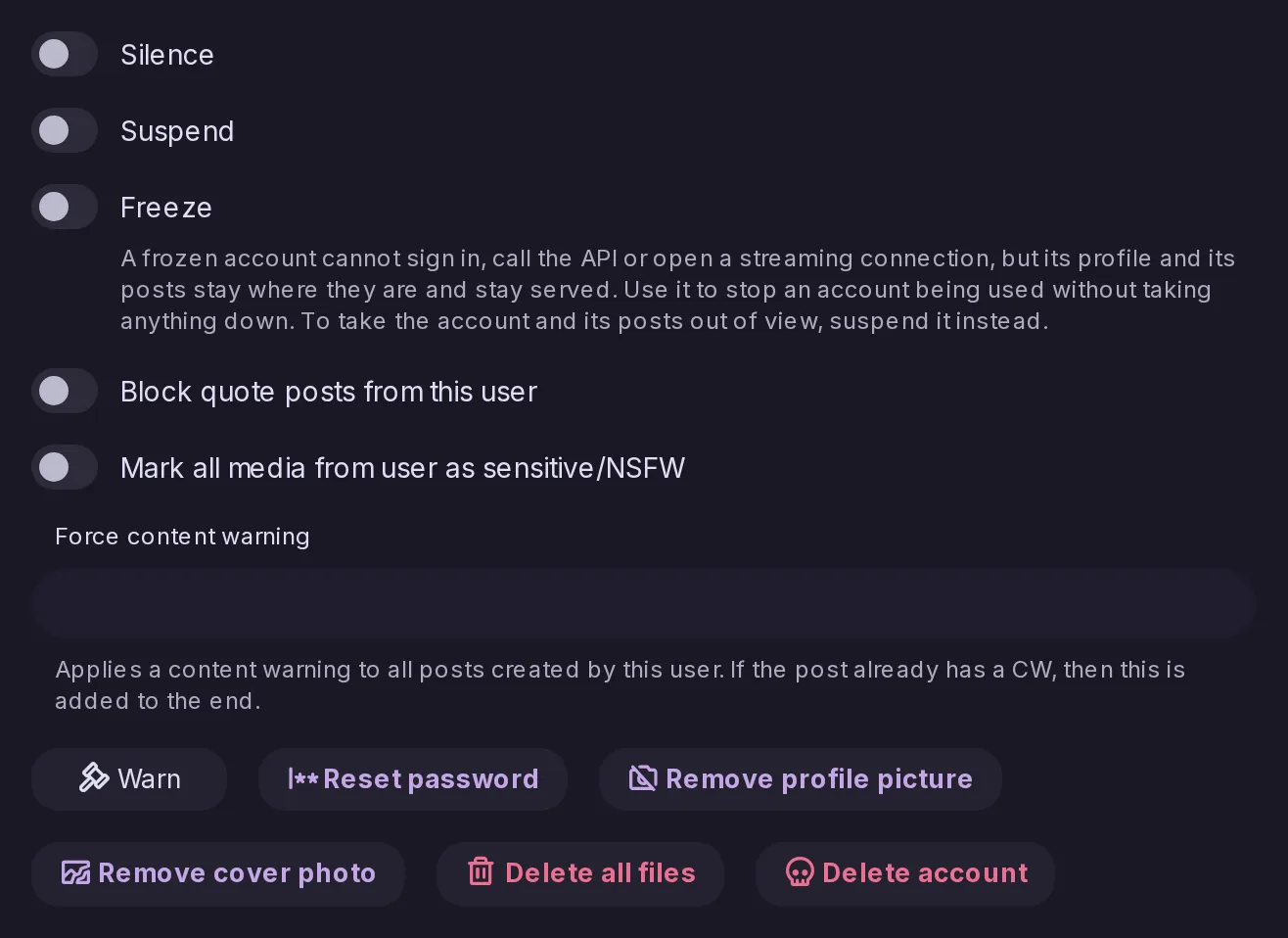 A local account in the Control Panel: switches to silence, suspend or freeze it, block its quotes or mark its media sensitive, a forced content warning, and Warn, reset password and delete buttons.