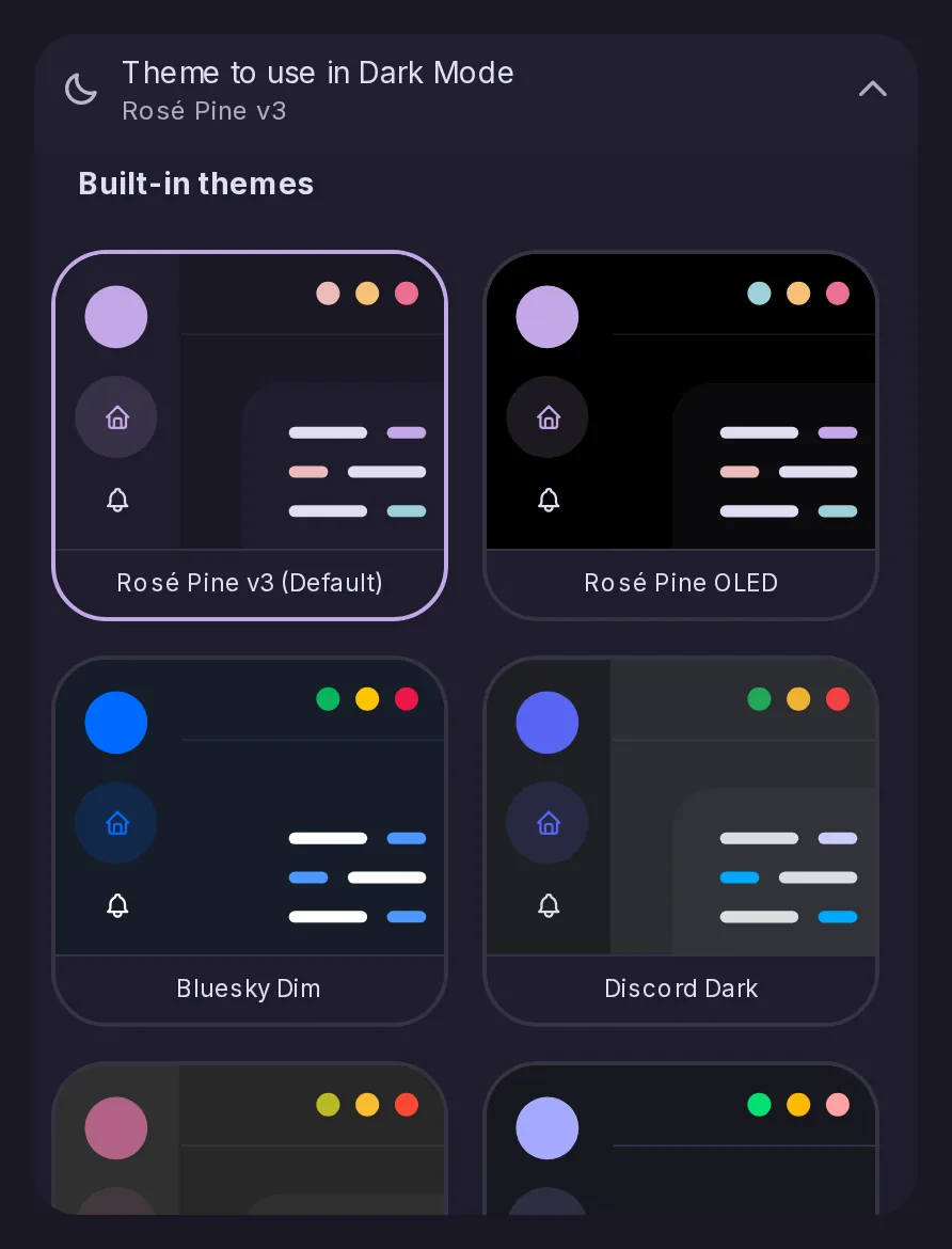 The built-in themes of Appearance, with Rosé Pine v3, the default, beside the new Rosé Pine OLED, Bluesky Dim and Discord Dark, each as a small preview of its colors.